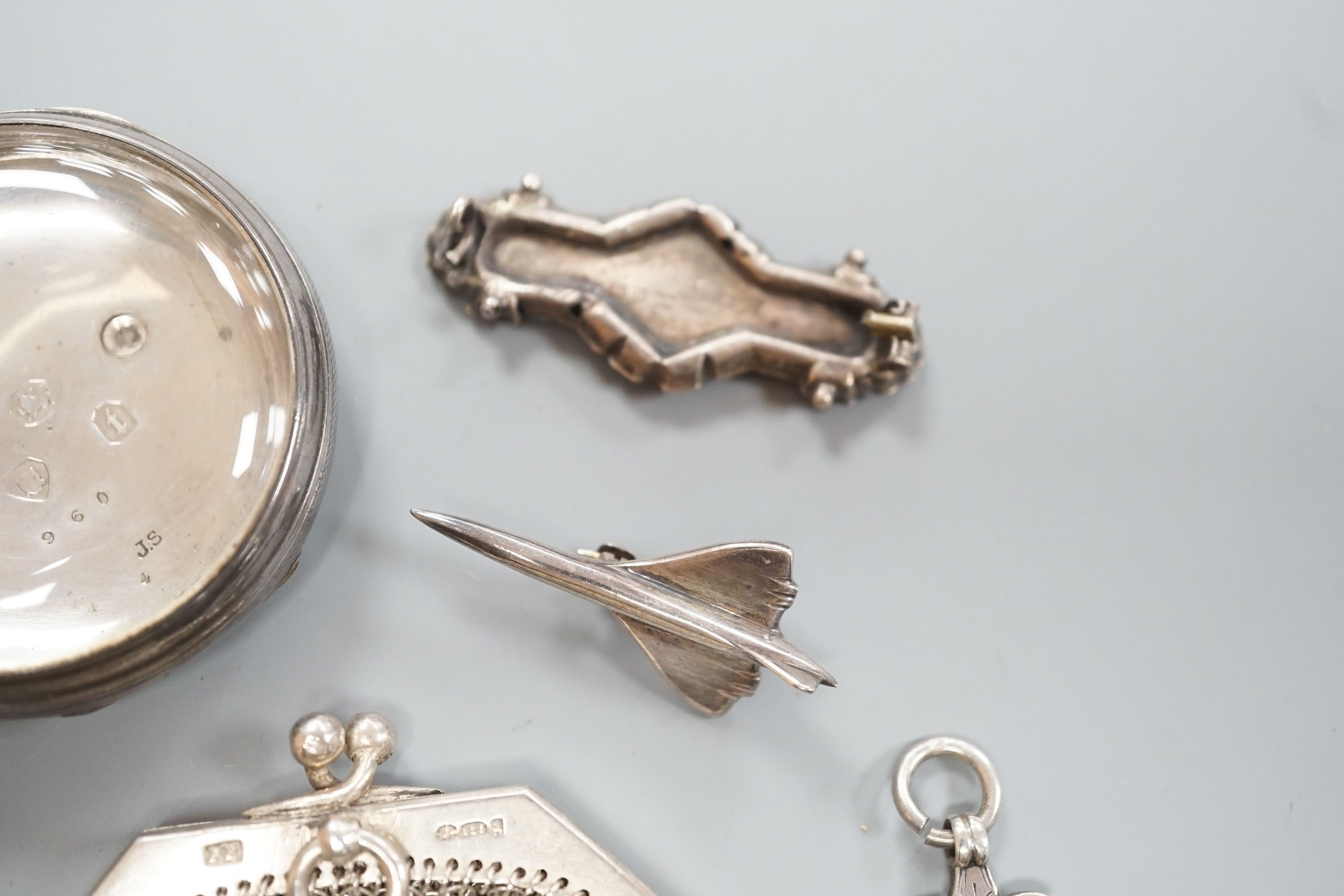 A small group of mainly silver and white metal jewellery including belcher chain, brooches, medallions, evening purse etc. and two silver pocket watch cases.